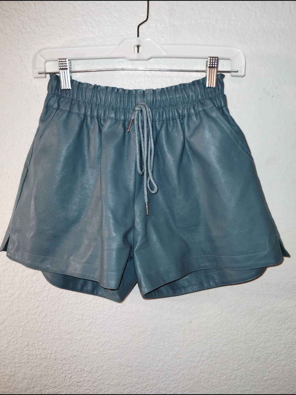 Sweet Generis Soft Teal Vegan Leather Shorts sz Medium Elastic hair Drawstring
